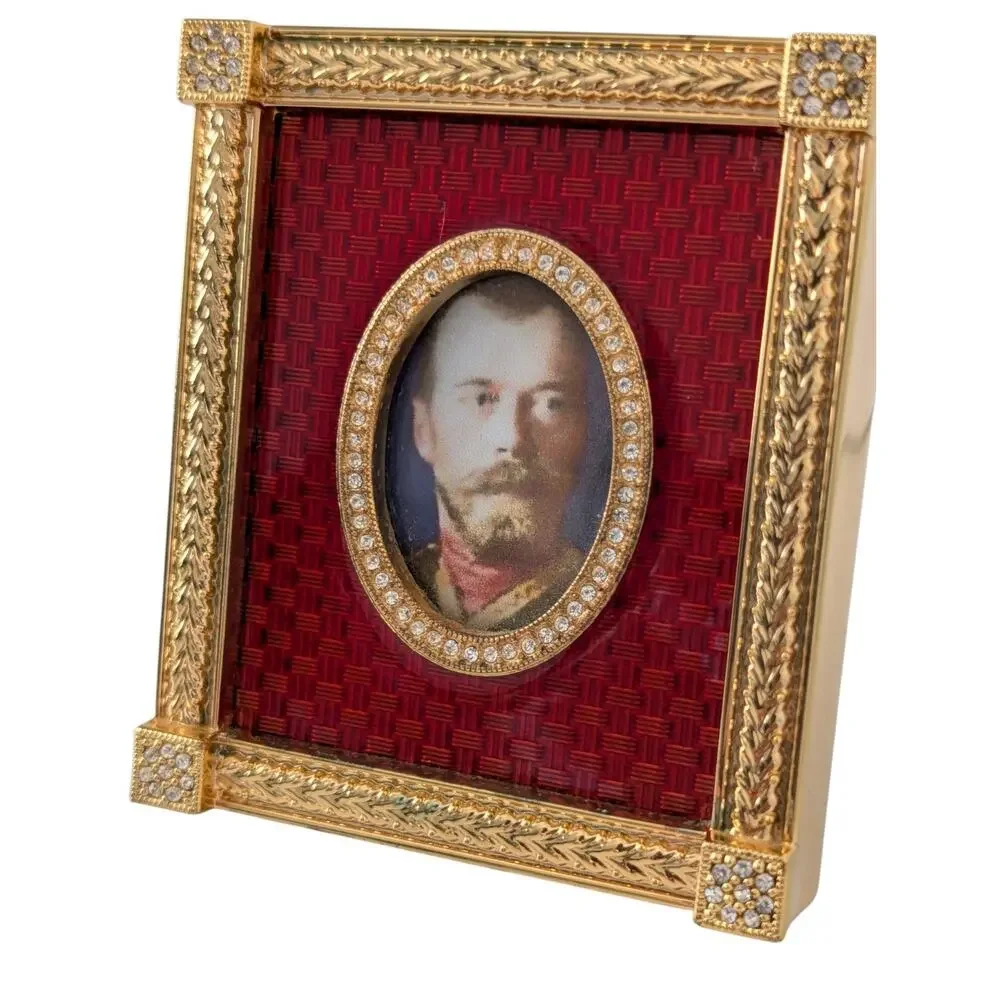 Faberge Red Guilloche Catherine Palace Signed Miniature Picture Frame Gold Plate